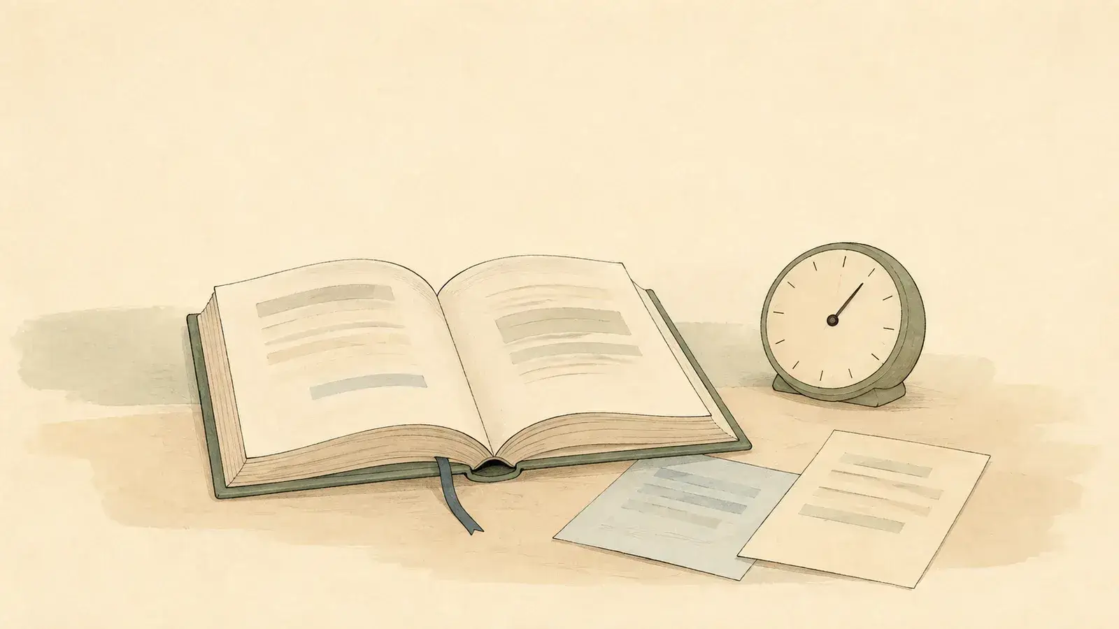An open book beside a timer and notes checking the meaning of a passage